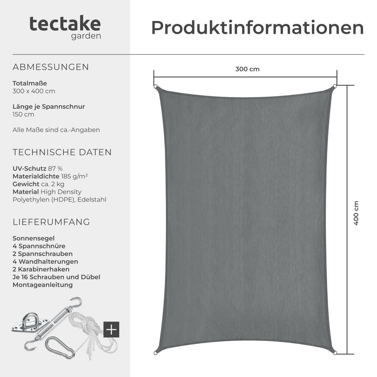 SONNENSEGEL Sunny,umfangreiches Montagematerial,grau - Grau, Kunststoff (400/300cm) - tectake