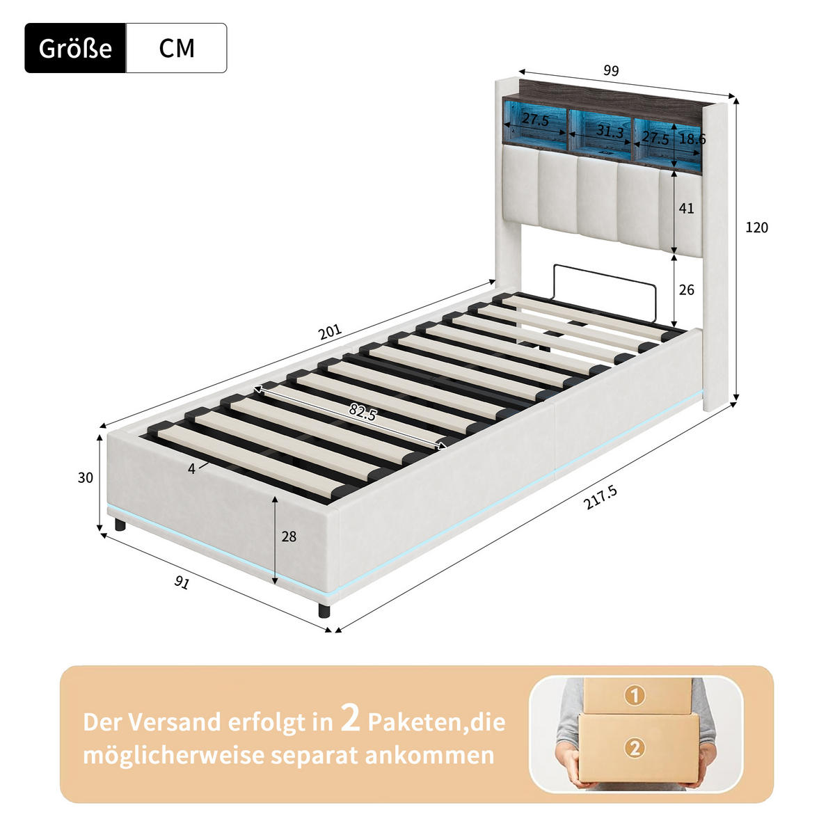POLSTERBETT 90/200 cm Weiß mit hydraulischem Stauraum, LED-Kopfteil mit Ablage und USB-Anschluss - Weiß, Metall (90/200cm) - EuroLiving