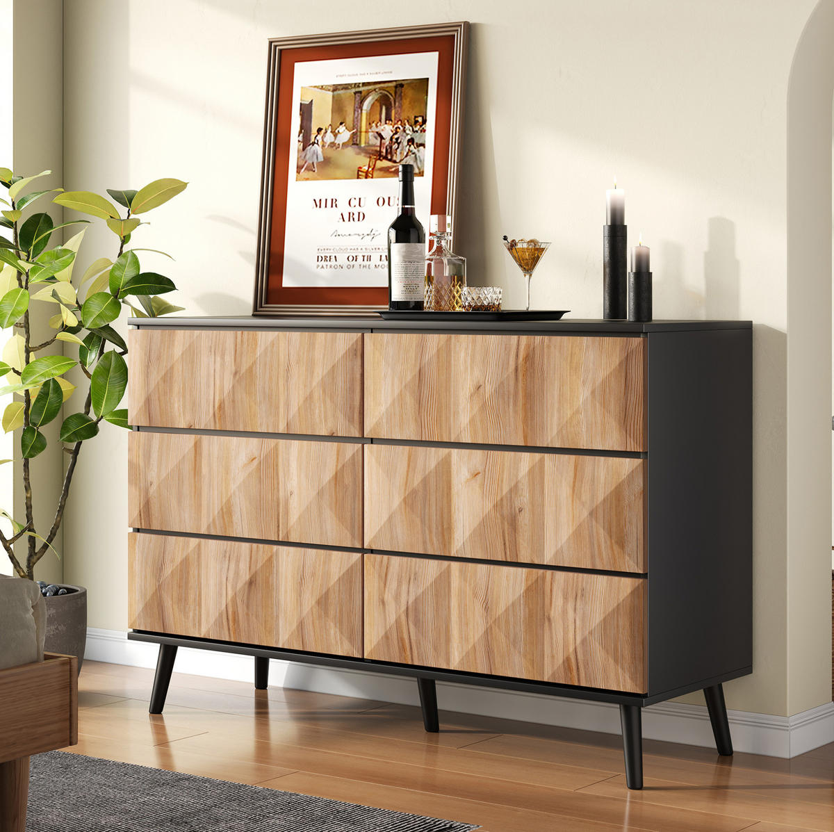 SIDEBOARD aus MDF/Spanplatte in Schwarz und Holzoptik mit 6 Schubladen, 120/40/85 cm,Naturfarben - Naturfarben, Holzwerkstoff (40/85/120cm) - Redom