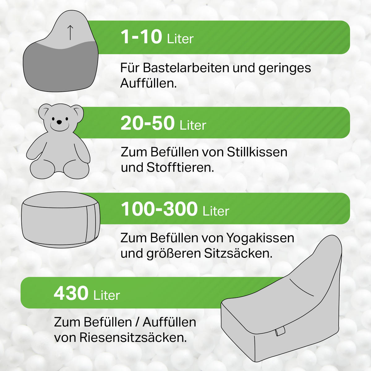 EPS-PERLEN Sitzsack-Füllung 300 Liter - Weiß, Kunststoff (1/1/1cm) - Green Bean