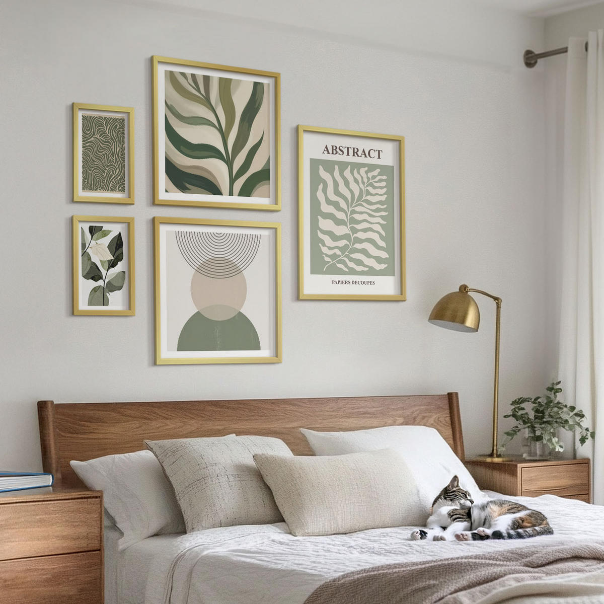 BILDER SET 5er Set - 50x50 cm & 20x30 cm & 40x60 cm Goldrahmen - Blätter geometrische Formen abstrakt - Goldfarben, Kunststoff (40/60cm) - TULUP
