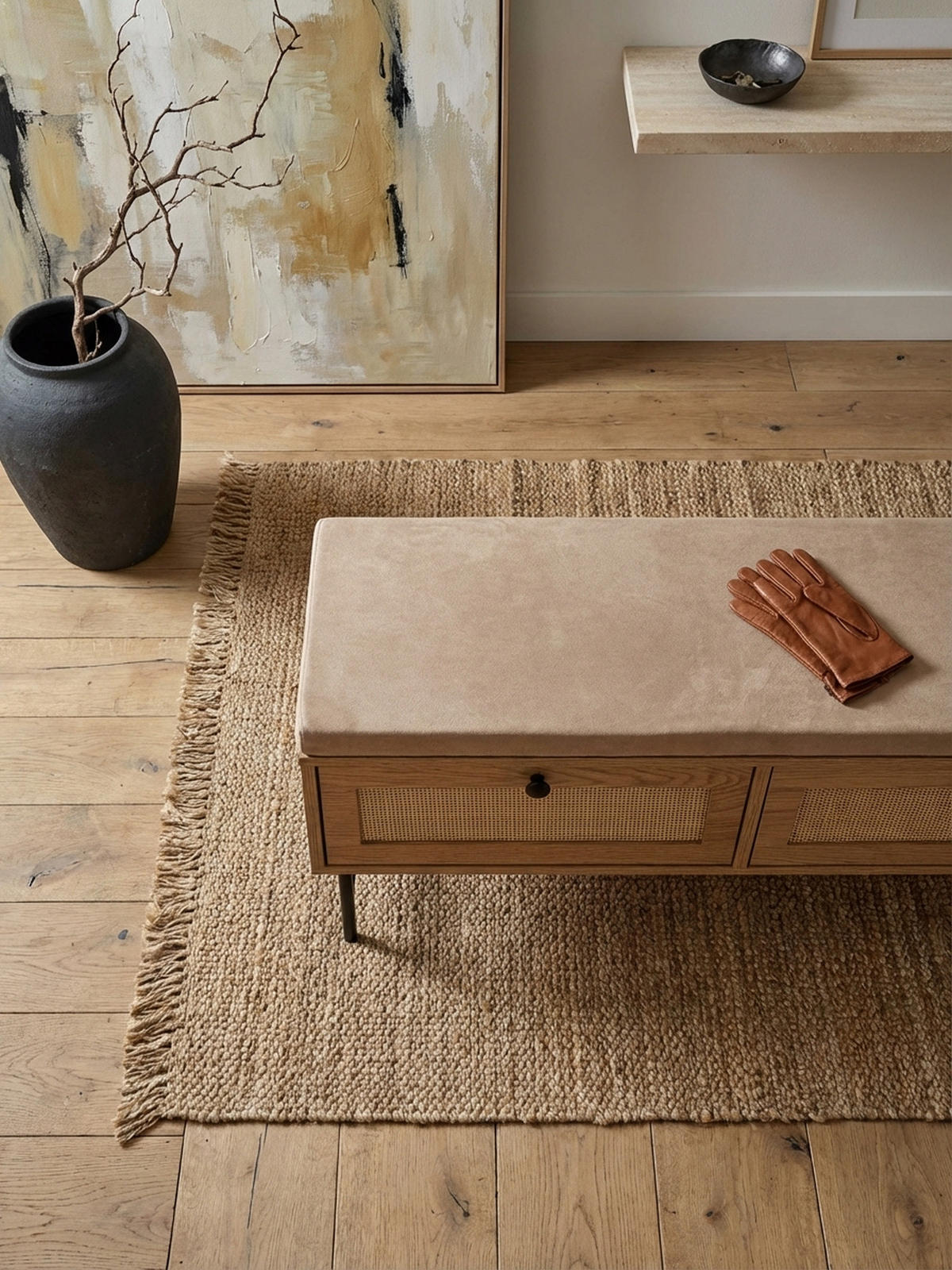 SCHUHBANK – 100x48x38 cm, Eiche-Dekor, Sitzfläche Stoff, mit Schubladen - Beige/Schwarz, Textil/Metall (100/48/38cm) - KADIMA DESIGN