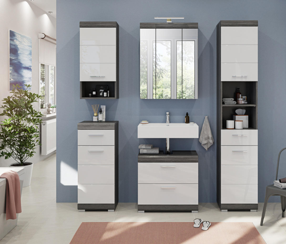 BADMÖBEL-SET weiß Hochglanz, grau 5-teilig 164 cm, Komplettset mit 20 Fächern - Weiß Hochglanz/Grau, Holzwerkstoff (164/191/34cm) - Inn.Furn