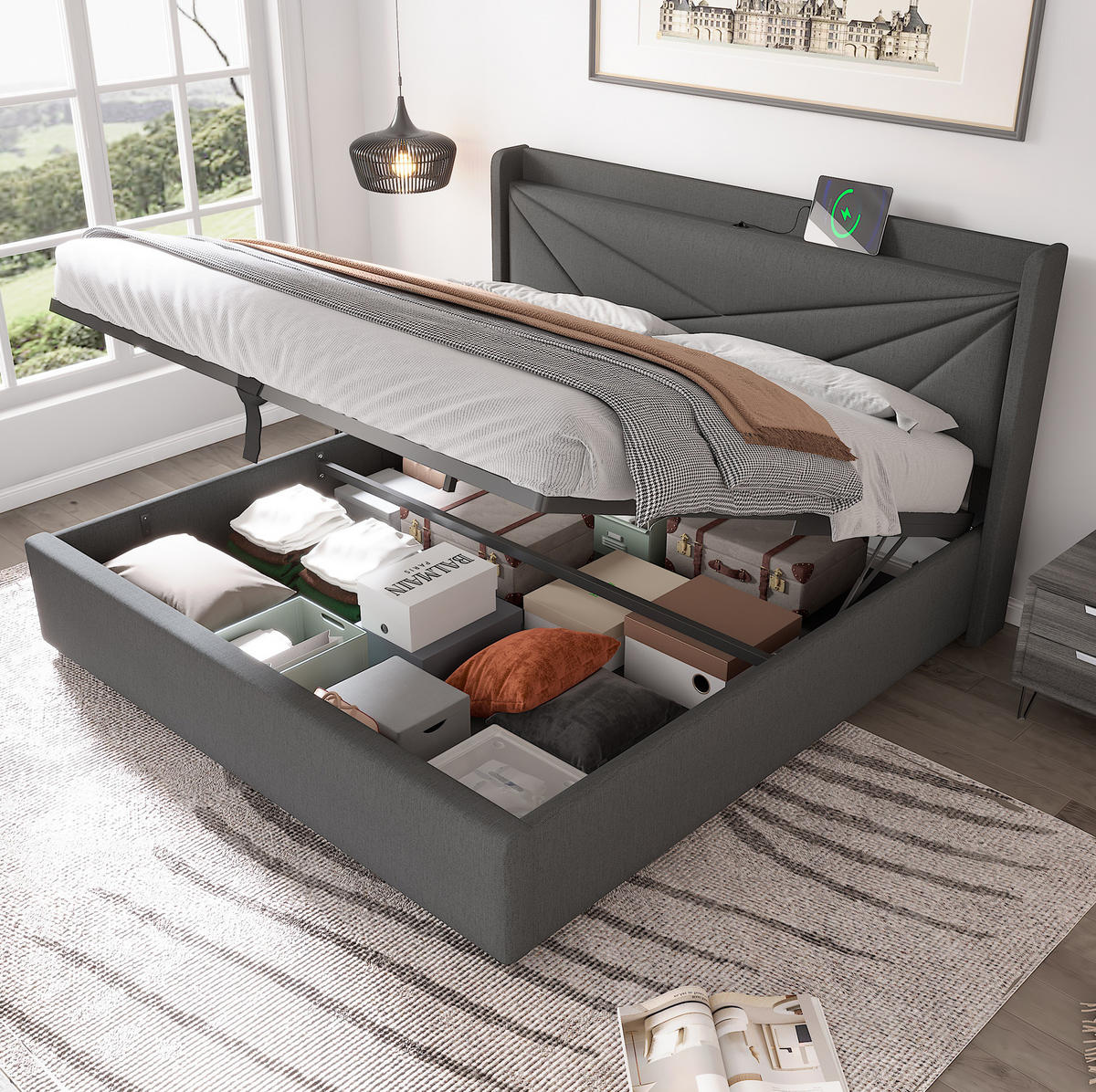 POLSTERBETT mit Bettkasten USB/Typ-C 180x200 cm Grau - Grau, Metall (180/200cm) - Meubliv