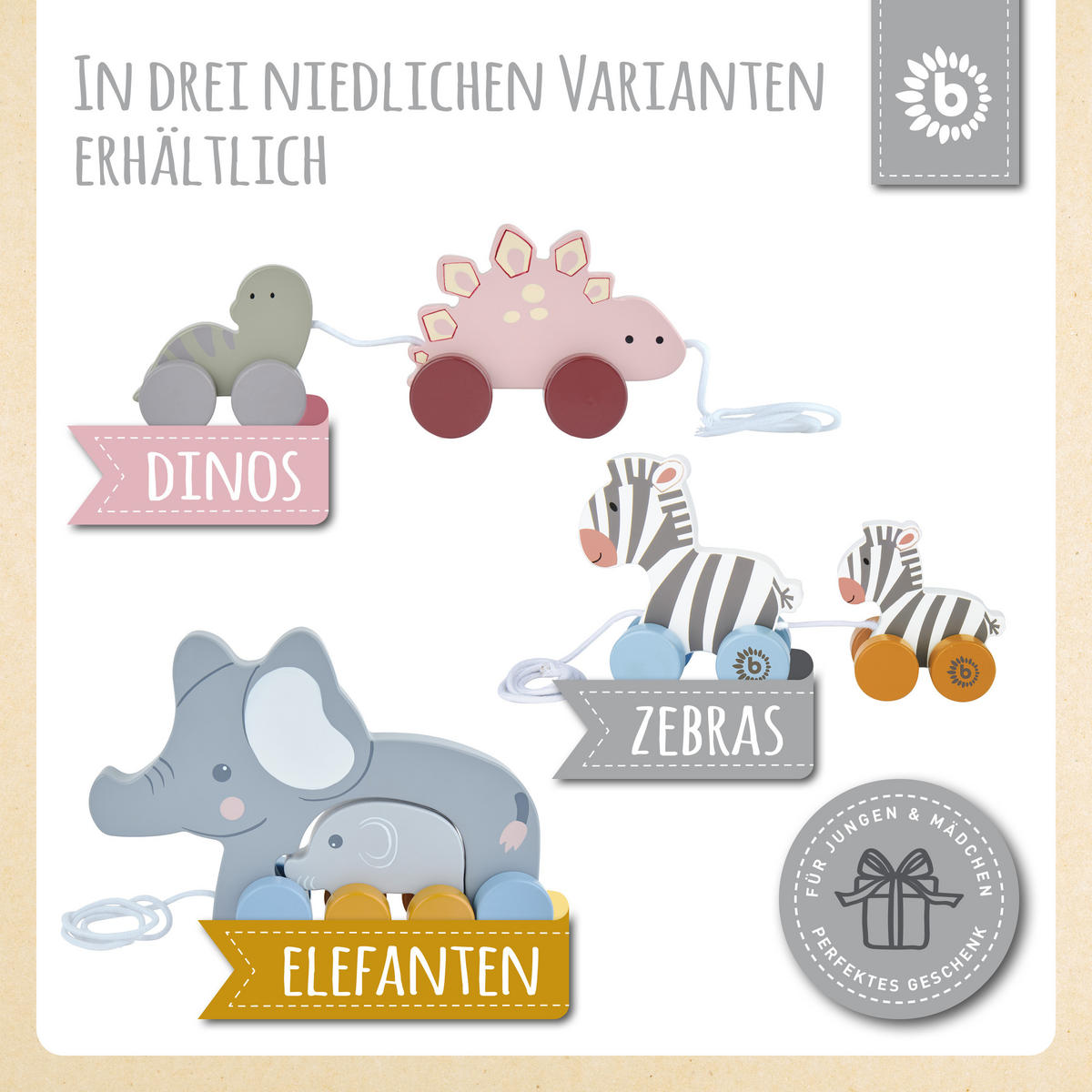 NACHZIEHSPIELZEUG Zebra Clara und Lara - - Weiß, Holz (5/21cm) - Bieco Spielwaren