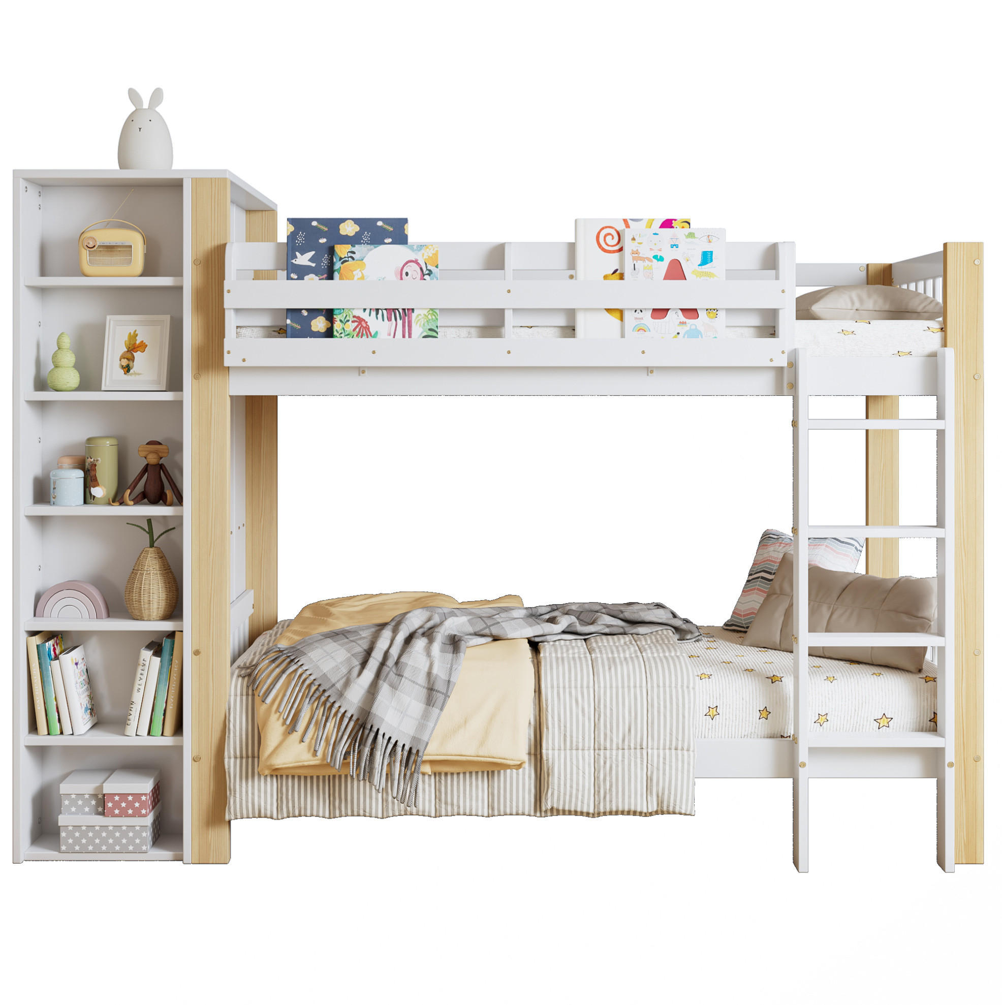 ETAGENBETT 90/200 cm in Weiß/Natur mit Kleiderschrank und 6 Regalen - Weiß, Holzwerkstoff (90/200cm) - Flora Grace