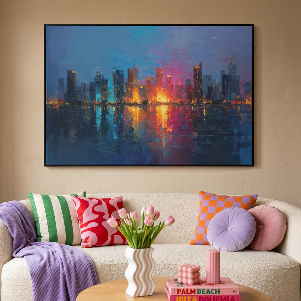 LEINWAND Bilder mit Rahmen - Skyline - Pinselstriche - Dunkelblau - Leuchtend - 120x80 - Blau, Textil (120/80cm) - MuchoWow