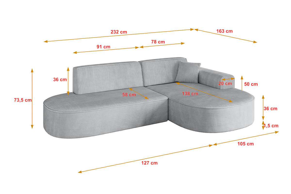 ECKSOFA Ottomane Rechts MARI-L1 - 232x163x73,5 cm Grau Cord - Schwarz/Grau, Holzwerkstoff/Kunststoff (234/163cm) - ALTDECOR