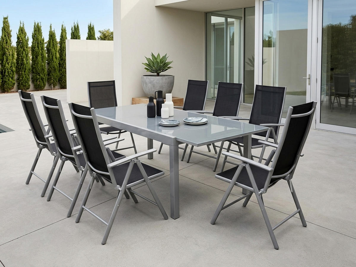 GARTEN-GARNITUR Ashford - 9-teilig (8x Klappsessel mit Armlehnen, 1x Ausziehtisch 180/240x100cm) - Schwarz, Metall - TPFGarden