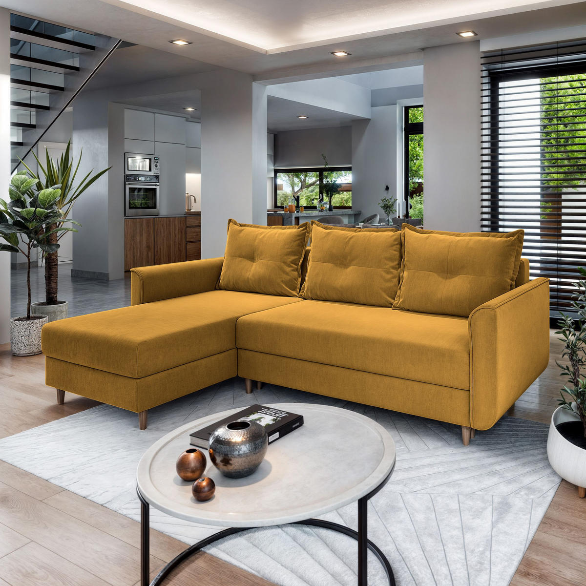 ECKSOFA PISAN L-S Gelb Plüsch-Stoff mit Schlaffunktion - Gelb, Holz (220/140cm) - MASSENO