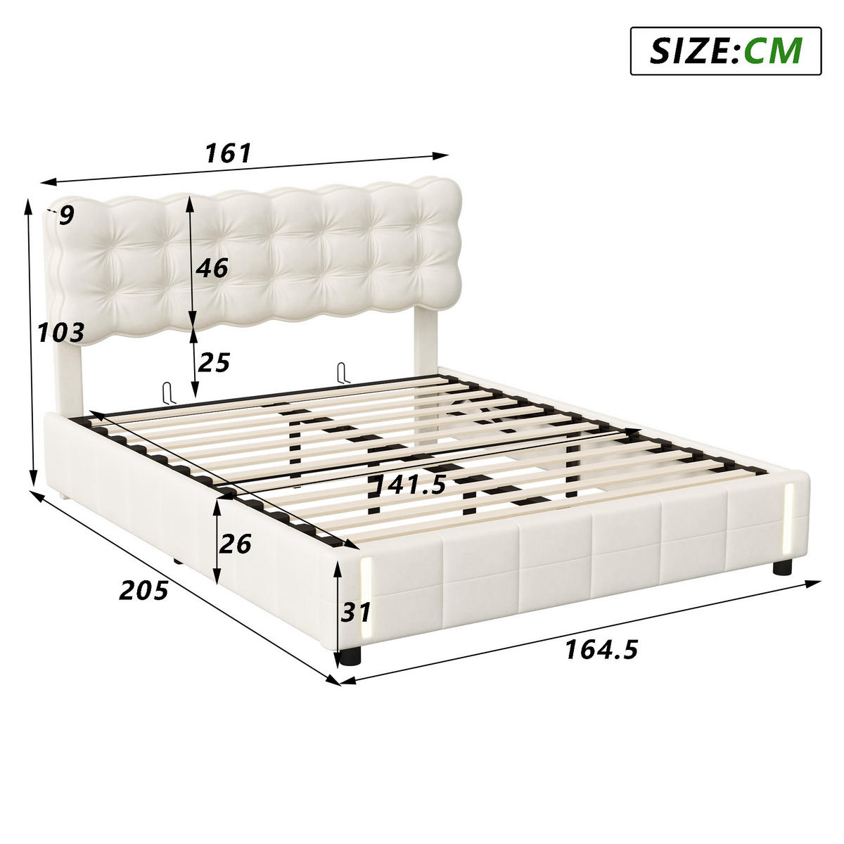 POLSTERBETT Eleganz 160/200 cm mit Bettkasten & Bewegungsmelder Samtoptik Beige - Beige, Textil (160/200cm) - Creahappy