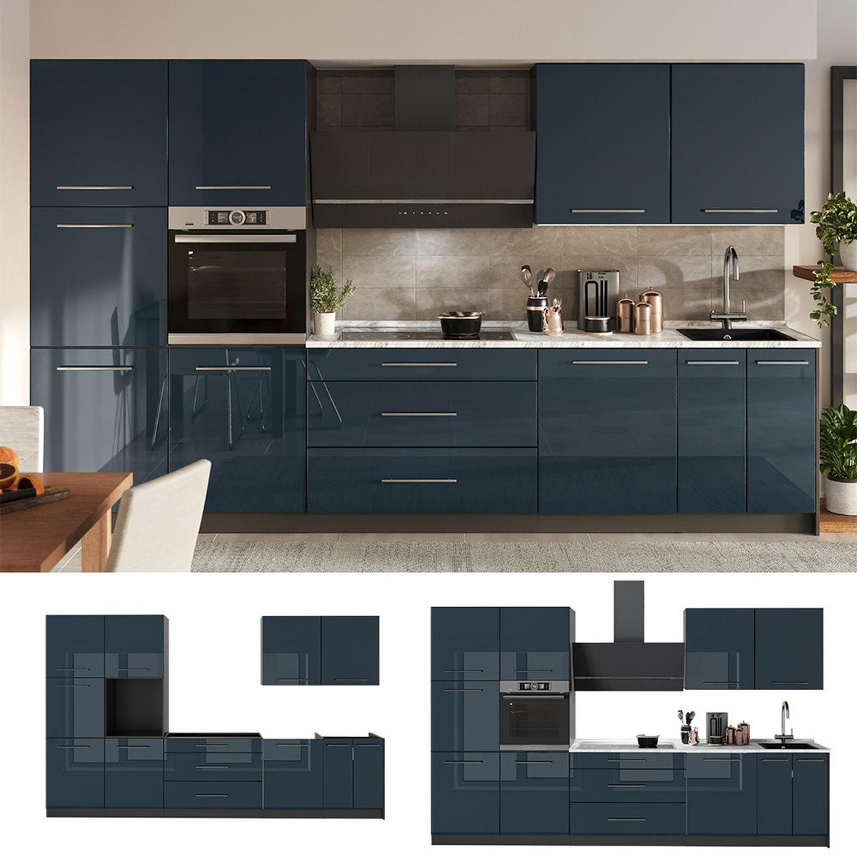 KÜCHENZEILE Fame-Line, Dunkelblau Hochglanz/Anthrazit, 340 cm ohne Arbeitsplatte - Anthrazit/Dunkelblau, Holzwerkstoff (340/206.8/51.6cm) - Vicco