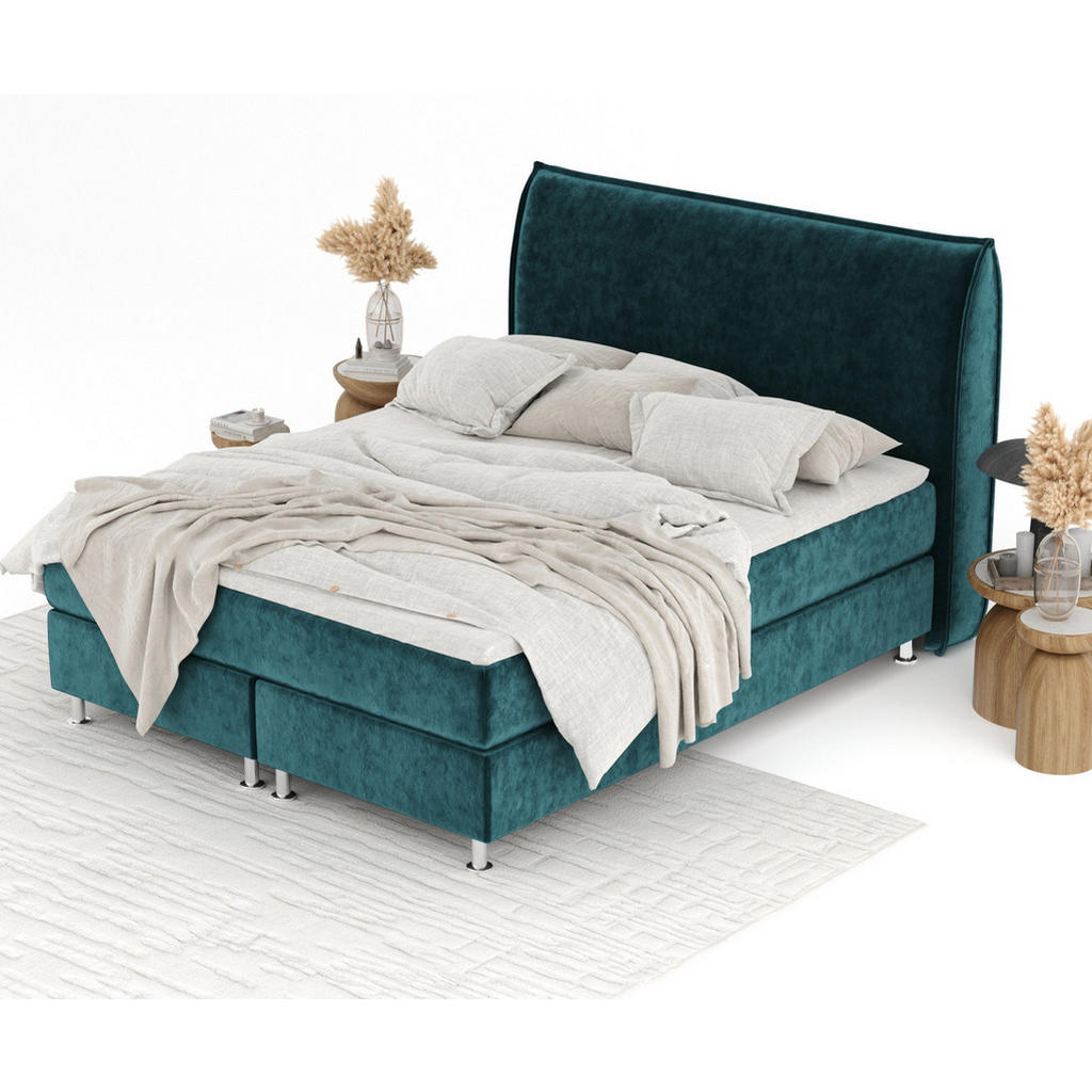 Thumbnail - Maison de Reve Boxspringbett, Türkis, Textil, Buche, Kiefer, H3, Höhe ca. 21 cm, 200x200 cm, Oeko-Tex® Standard 100, FSC...