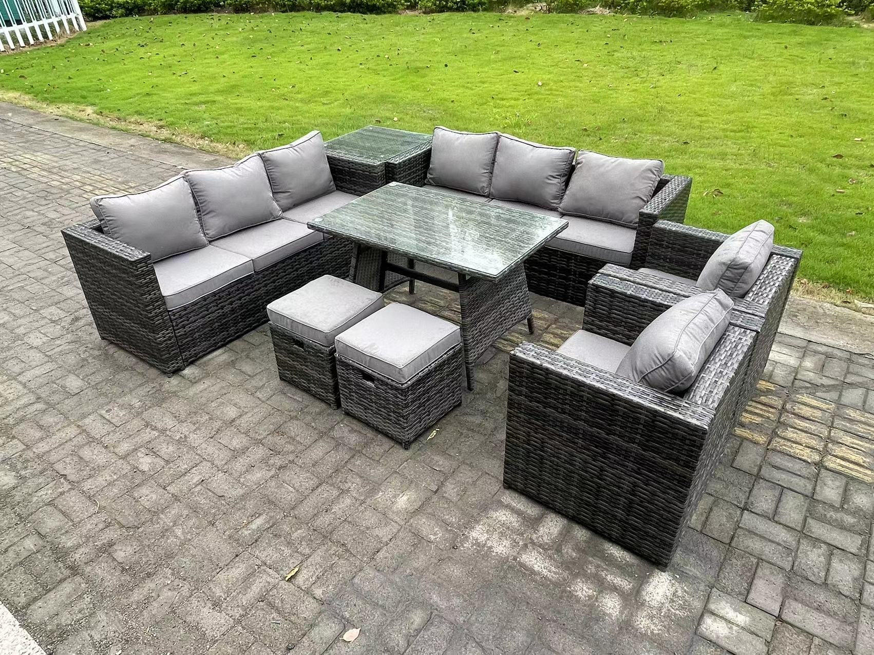 GARTENMÖBELSET mit 2 Hockern 10-Sitzer Grau - Dunkelgrau/Grau, Glas/Kunststoff - Fimous