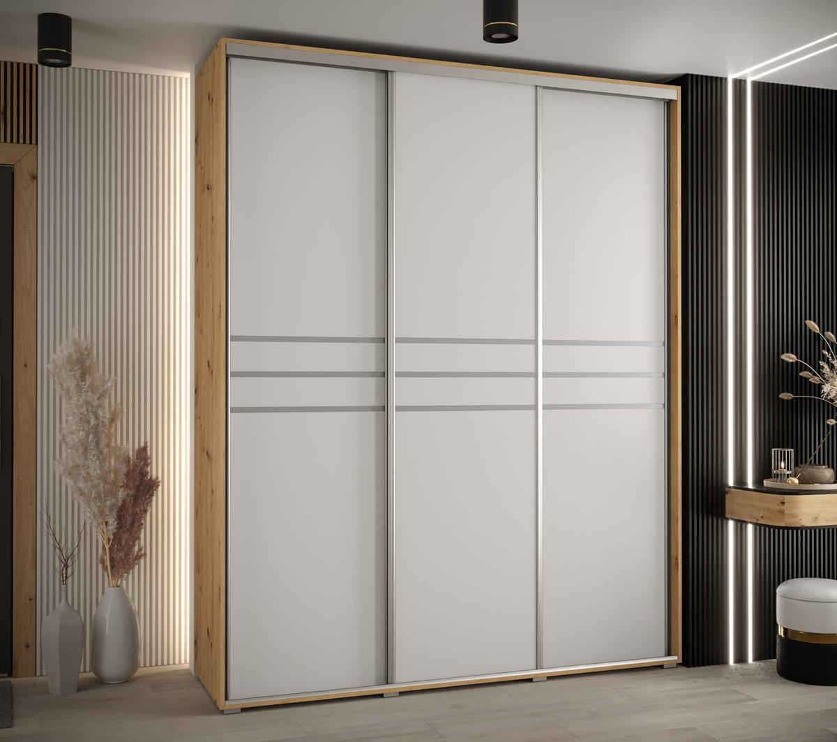 SCHWEBETÜRENSCHRANK 235,2/200/60 3-türig - Silberfarben/Weiß, Holz/Metall (200/235/60cm) - Abiks Möbel