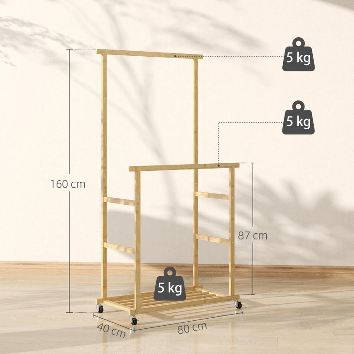 GARDEROBENSTÄNDER 80/40/160 cm aus Bambus mit 2 Kleiderstangen und Schuhablage - Naturfarben, Naturmaterialien (80/160/40cm) - BEAOK