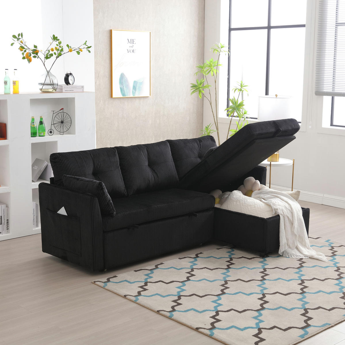 ECKSCHLAFSOFA Cord modular mit Stauraum Schwarz 206/108/66 cm - Schwarz, Textil (108/206cm) - Redom