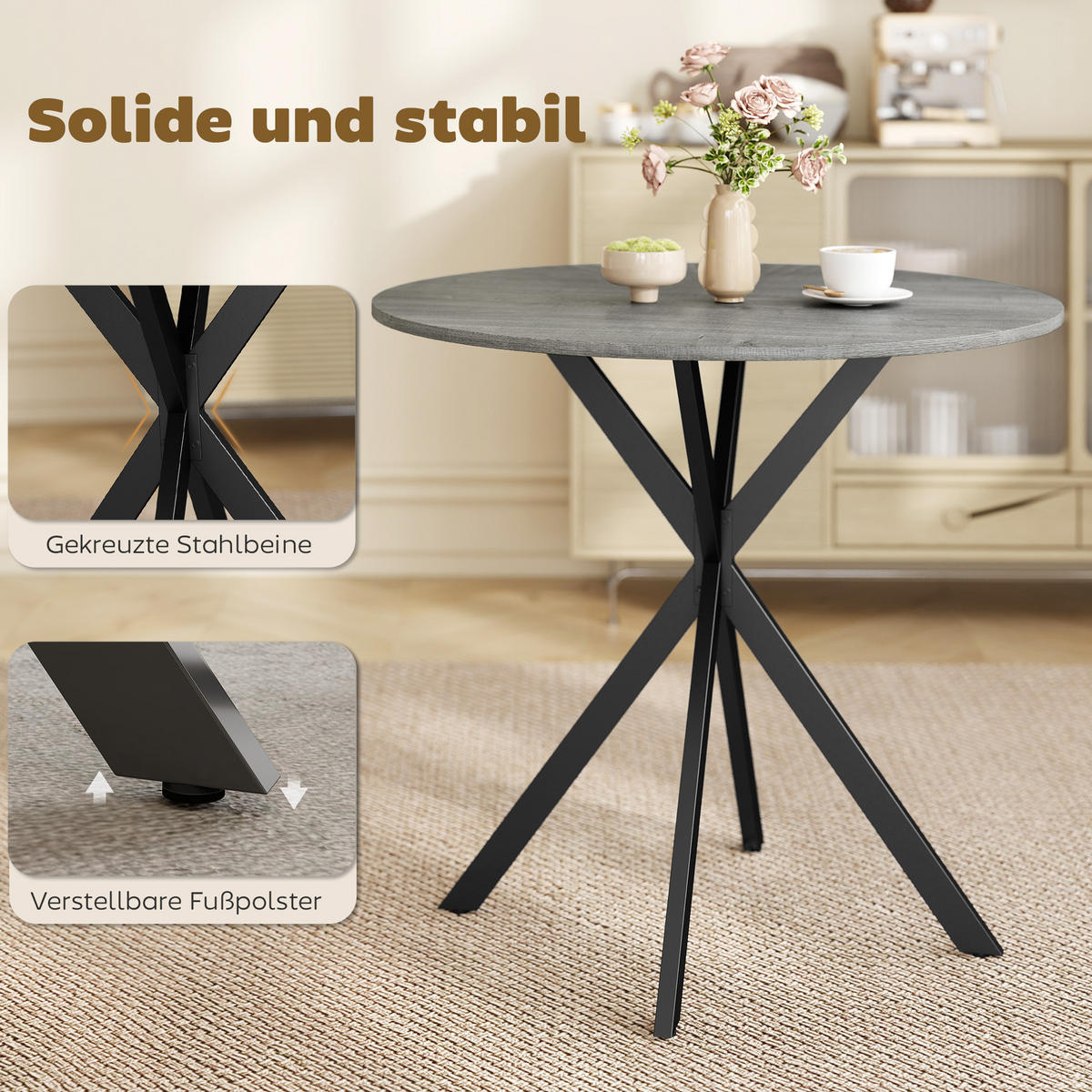 KÜCHENTISCH rund Grau 80/80/75 cm - Schwarz/Grau, Metall (80/80/75cm) - HOMCOM