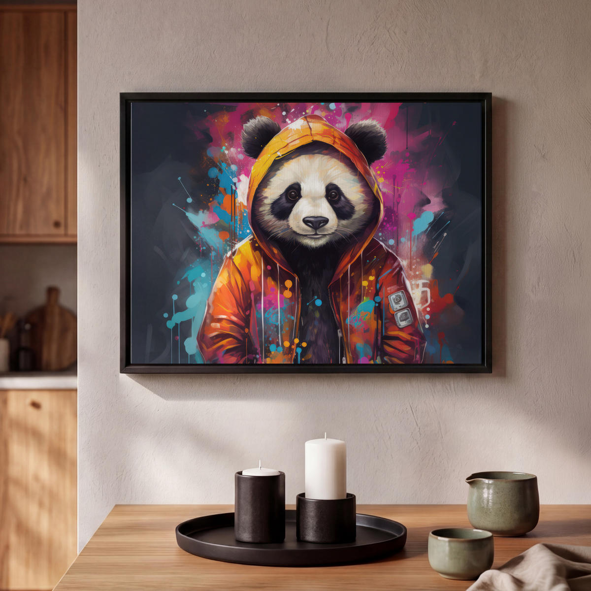 LEINWAND Bilder mit Rahmen - Panda - Jacke - Graffiti - Orange - 40x30 - Orange, Textil (40/30cm) - MuchoWow