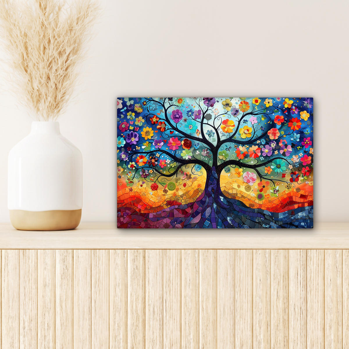 LEINWANDBILD Kunst - Baum des Lebens - Blumen - Hippie 30x20 cm - Dunkelblau, Textil (30/20cm) - MuchoWow