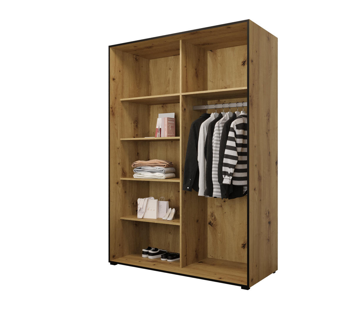 DREHTÜRENSCHRANK MODENA 150, 4-türig Kleiderschrank mit 2 Spiegel, Moderne Garderobe, Schrank in Größe: 150 x 206 x 65 cm - Schwarz/Braun, Holzwerkstoff (150/206/65cm) - O-Sofa