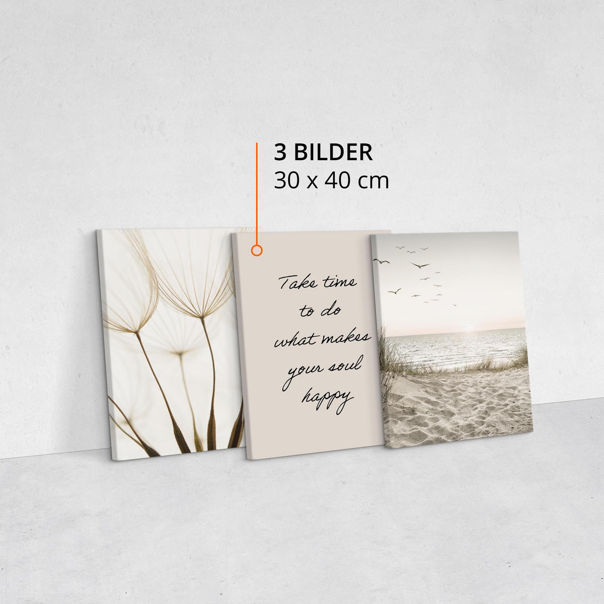LEINWANDBILDER 3-er Set Zitat Strand 3D - Blau/Beige, Textil (90/40cm) - Muralo