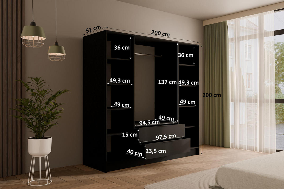 KLEIDERSCHRANK NELIA - 200 cm - Schwarz/Eiche Artisan, Holzwerkstoff (200/200/51cm) - ALTDECOR