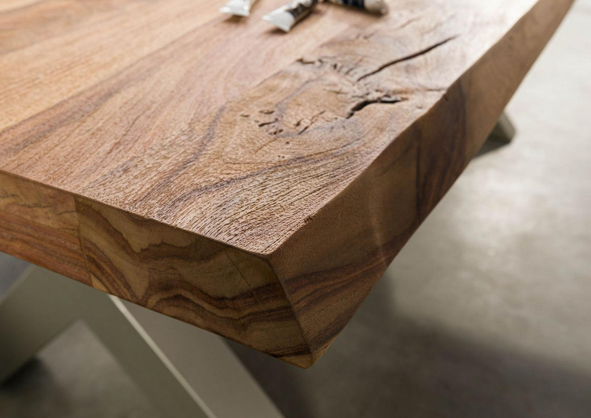 BAUMTISCH Sheesham 220x100x77 natur sandgestrahlt / X-Beine silber matt FREEFORM 5 - Silberfarben/Naturfarben, Holz (220/100/77cm) - Massivmoebel24