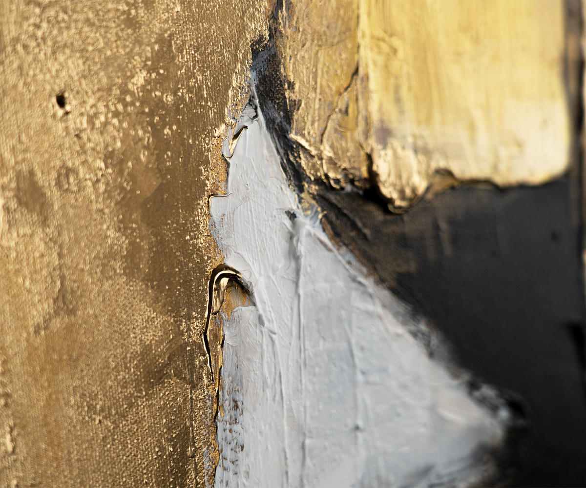 GEMÄLDE Goldene Fragmente II Schattenfugenrahmen Weiß 120x80 cm - Weiß, Holz (120/80cm) - YS-art gallery