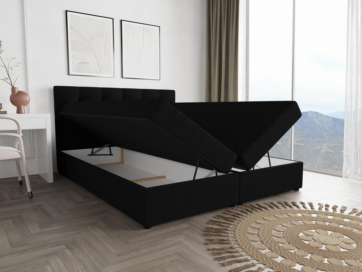 BOXBETT FADO 2 200x200, mit Matratze H3 und Topper, Cosmic 100 - Schwarz, Holz/Kunststoff (200/200cm) - Bedante