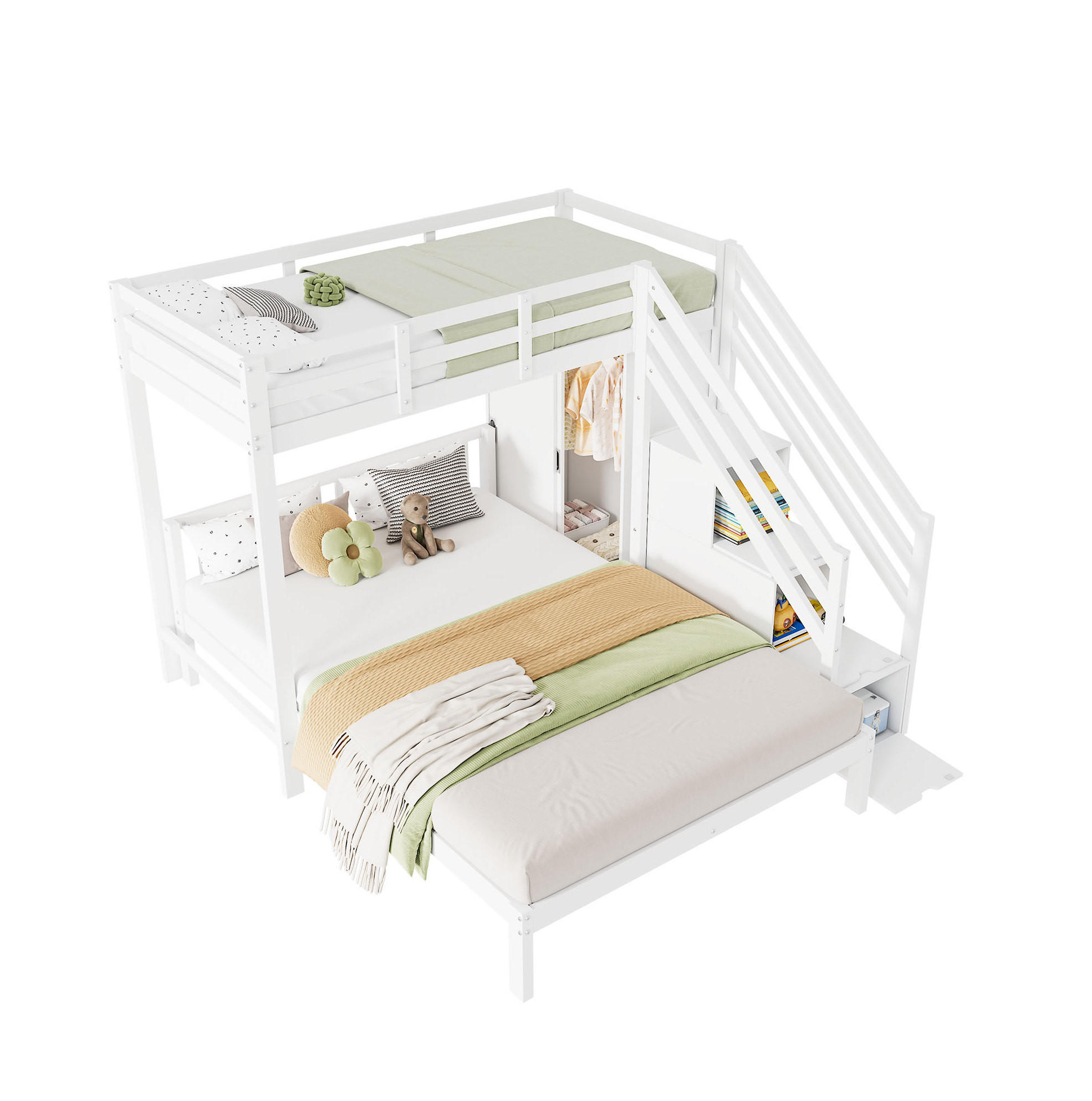 ETAGENBETT 90/200 cm mit Kleiderschrank, Aufbewahrungstreppe und Lattenrost aus Massivholz und MDF, Weiß - Weiß, Holz (90/200cm) - Redom