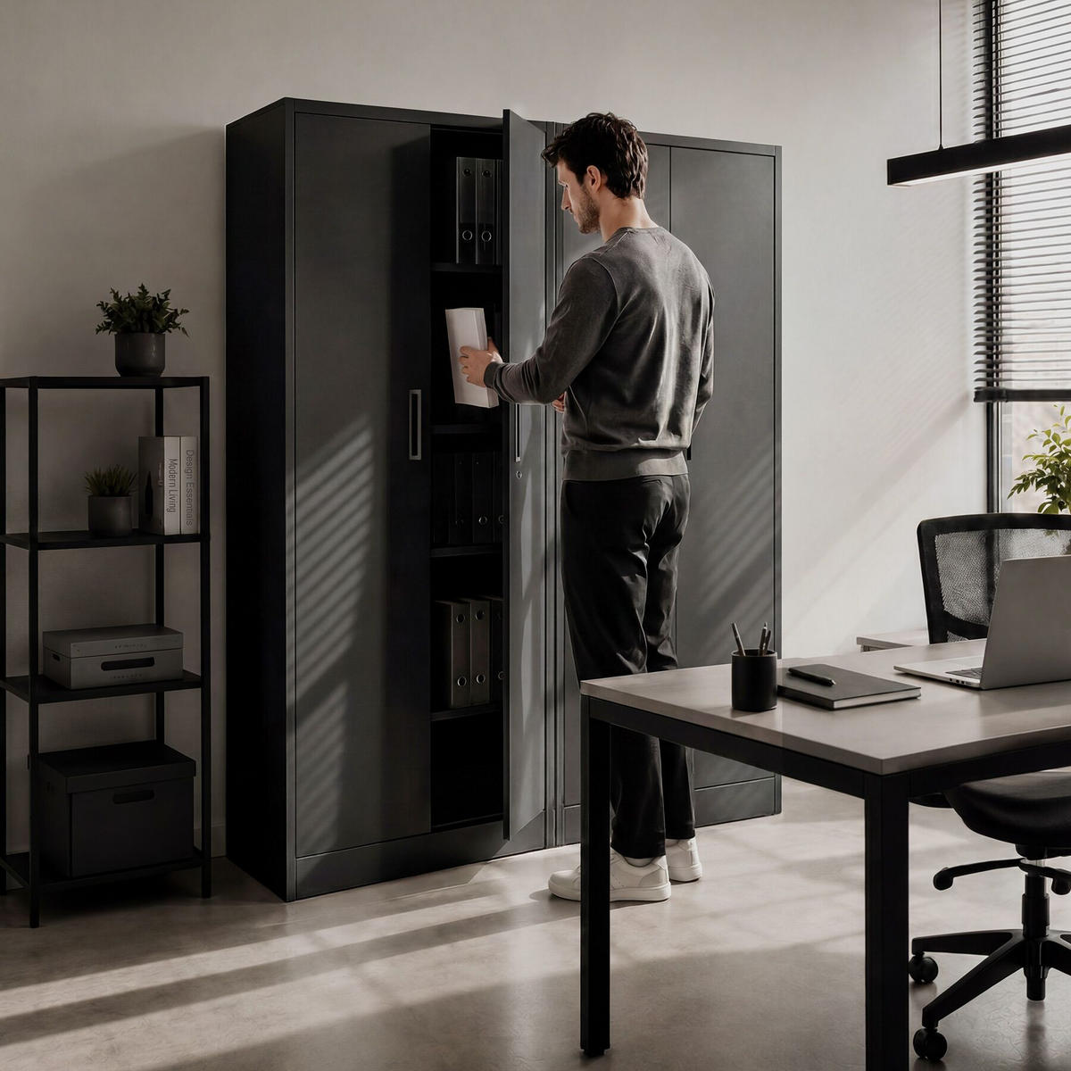 AKTENSCHRANK Brandon, Kippschutz, höhenverstellbare Füße, schwarz - Schwarz, Metall (60/180.5/40cm) - tectake