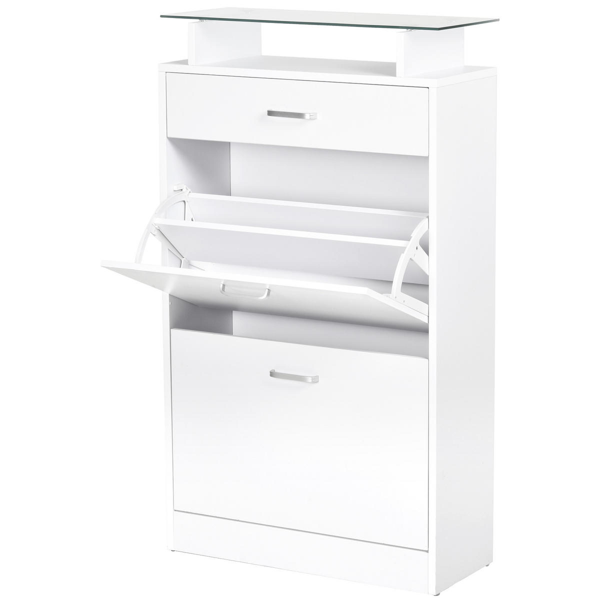 SCHUHSCHRANK DE-14977 2 Klapptüren & Schublade mit Glasablage Weiß - Weiß, Holzwerkstoff (60/105.5/24cm) - ComfortXL