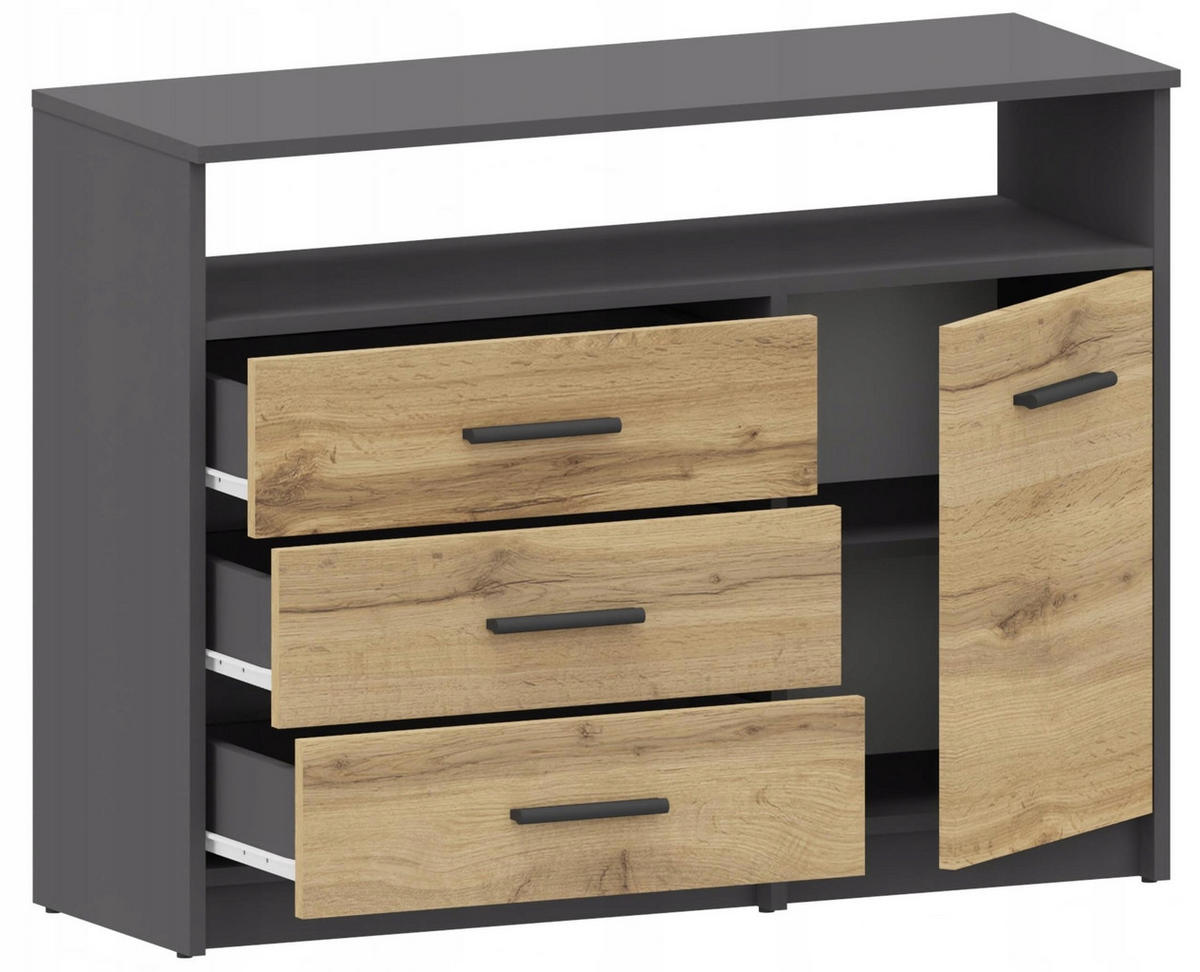 KOMMODE Bodo 1D3SO Anthrazit-Wotan Eiche 98/35/75 cm - Anthrazit/Eiche Wotan, Holzwerkstoff (98/75/35cm) - Matkam Möbel