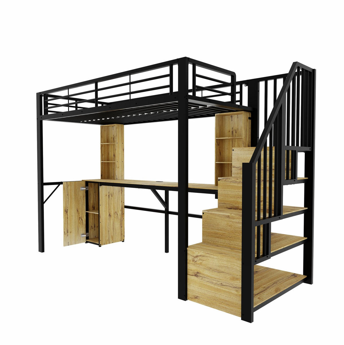 HOCHBETT Metall-Holz 90x200 cm Schwarz mit Schreibtisch, Stauraumtreppe, Schrank & USB-Anschluss - Schwarz, Metall (90/200cm) - Modfu