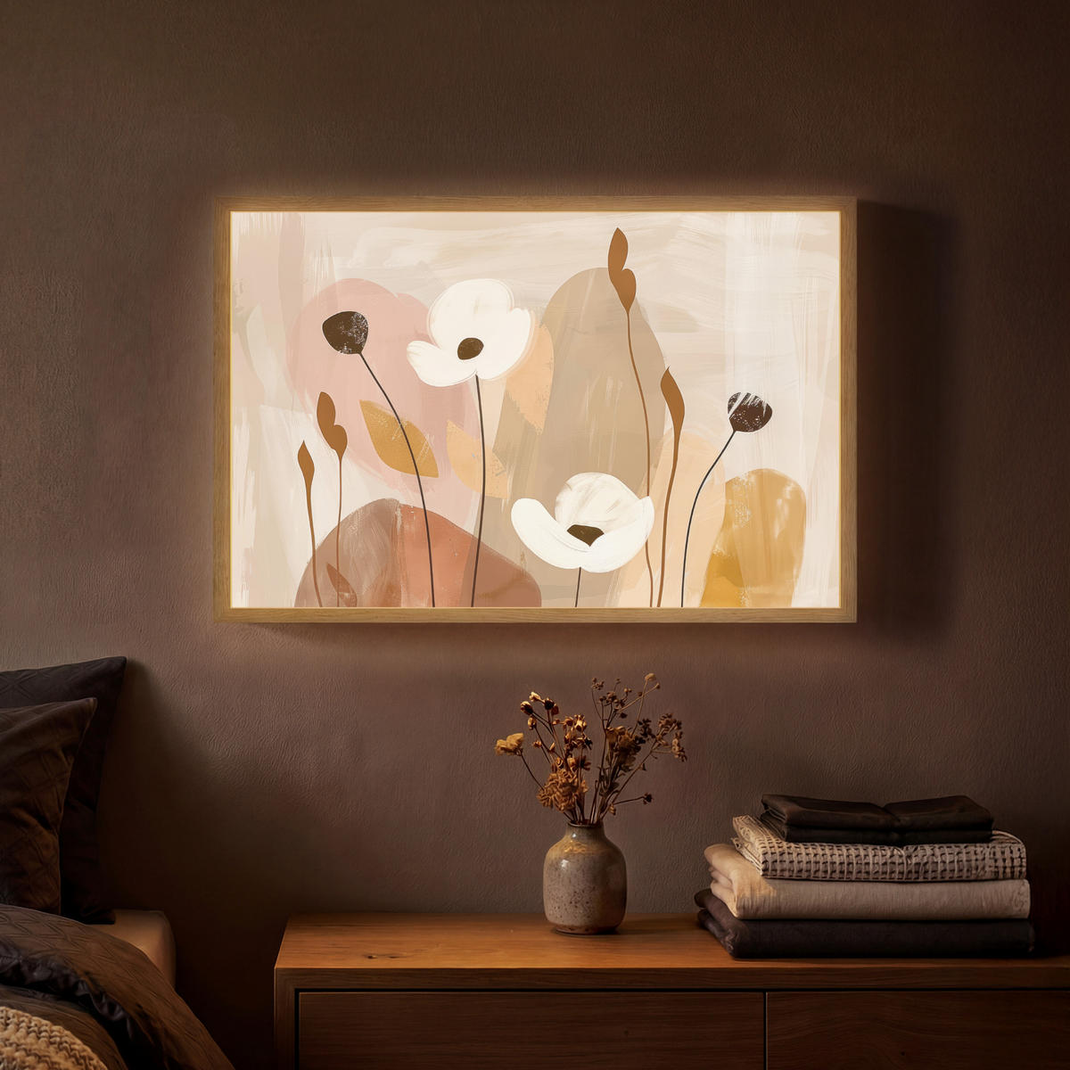 WANDLEUCHTE MIT AKKU Blumen - Abstrakt - Beige - Strichzeichnung 60x40 cm - Sandfarben, Holzwerkstoff (60/40/8cm) - OnlyWow