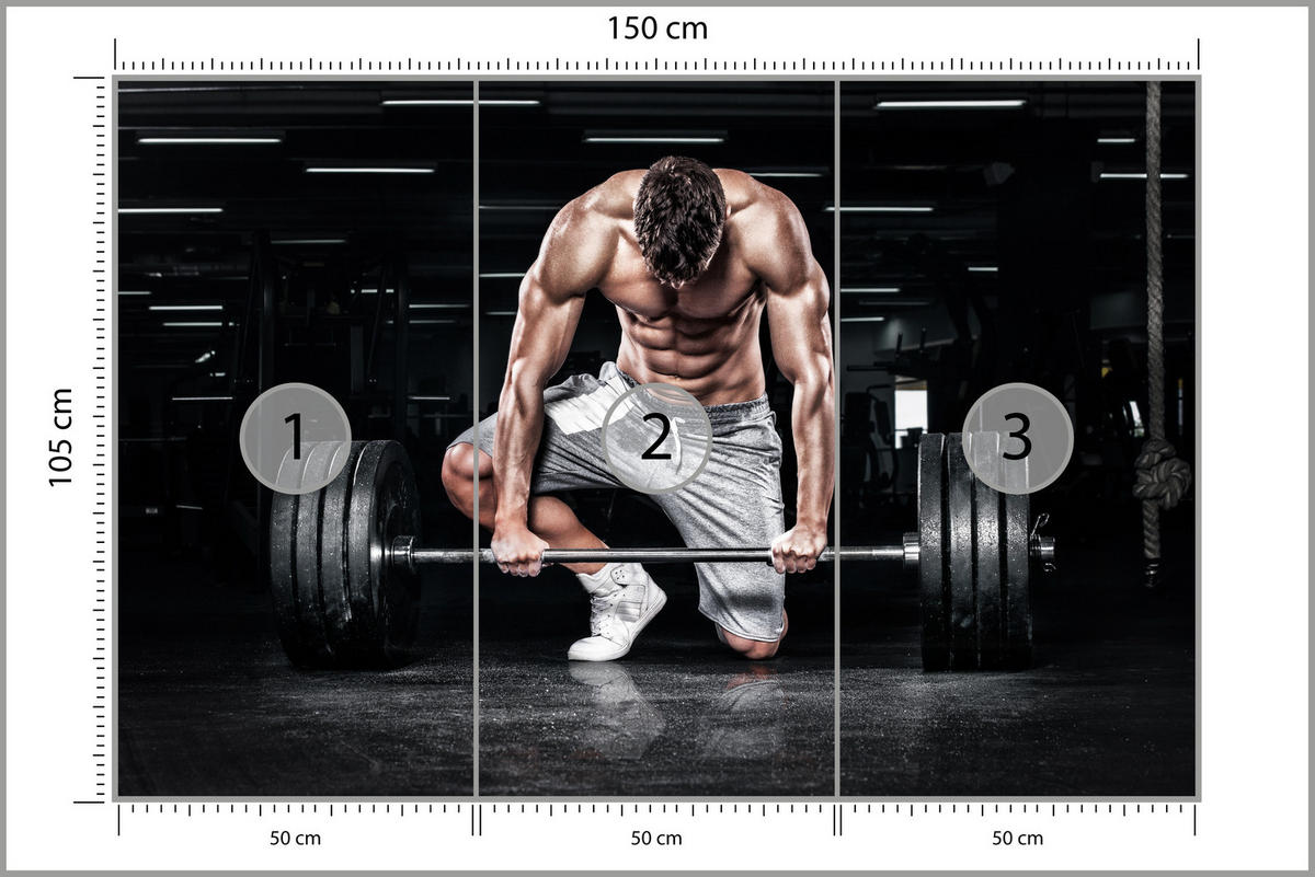 FOTOTAPETE Muskulöser Mann Fitnessstudio Training Sport 150x105 - Beige/Schwarz, Papier (150/105cm) - Muralo