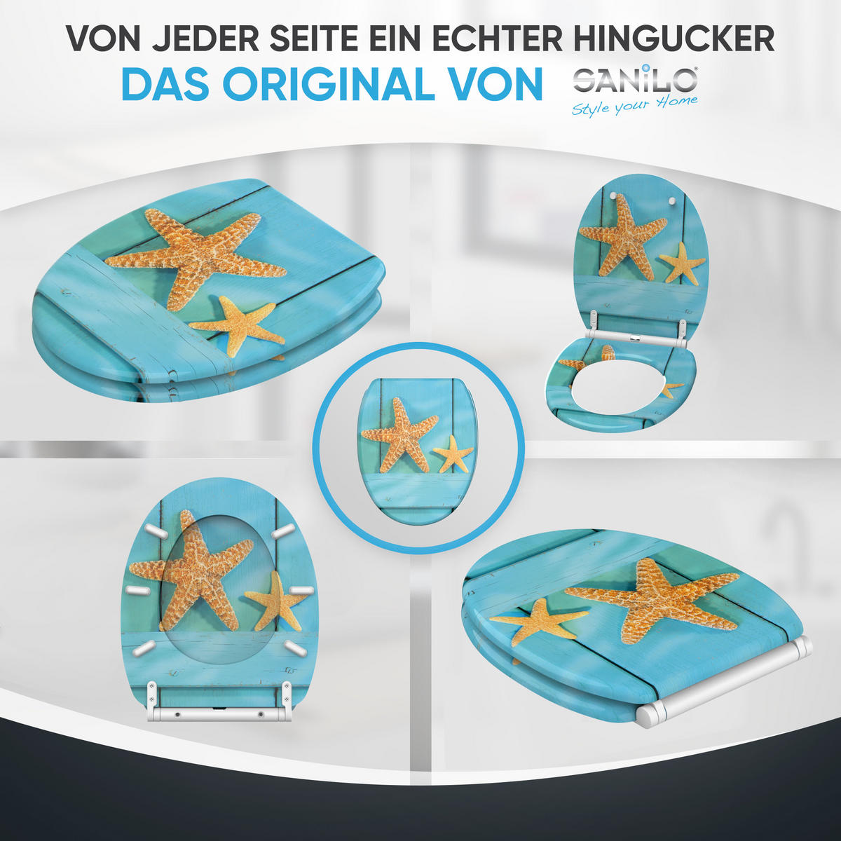 WC-SITZ mit Absenkautomatik & Top Fix Starfish - Türkis, Holzwerkstoff (37.7/5.5/48cm) - Sanilo