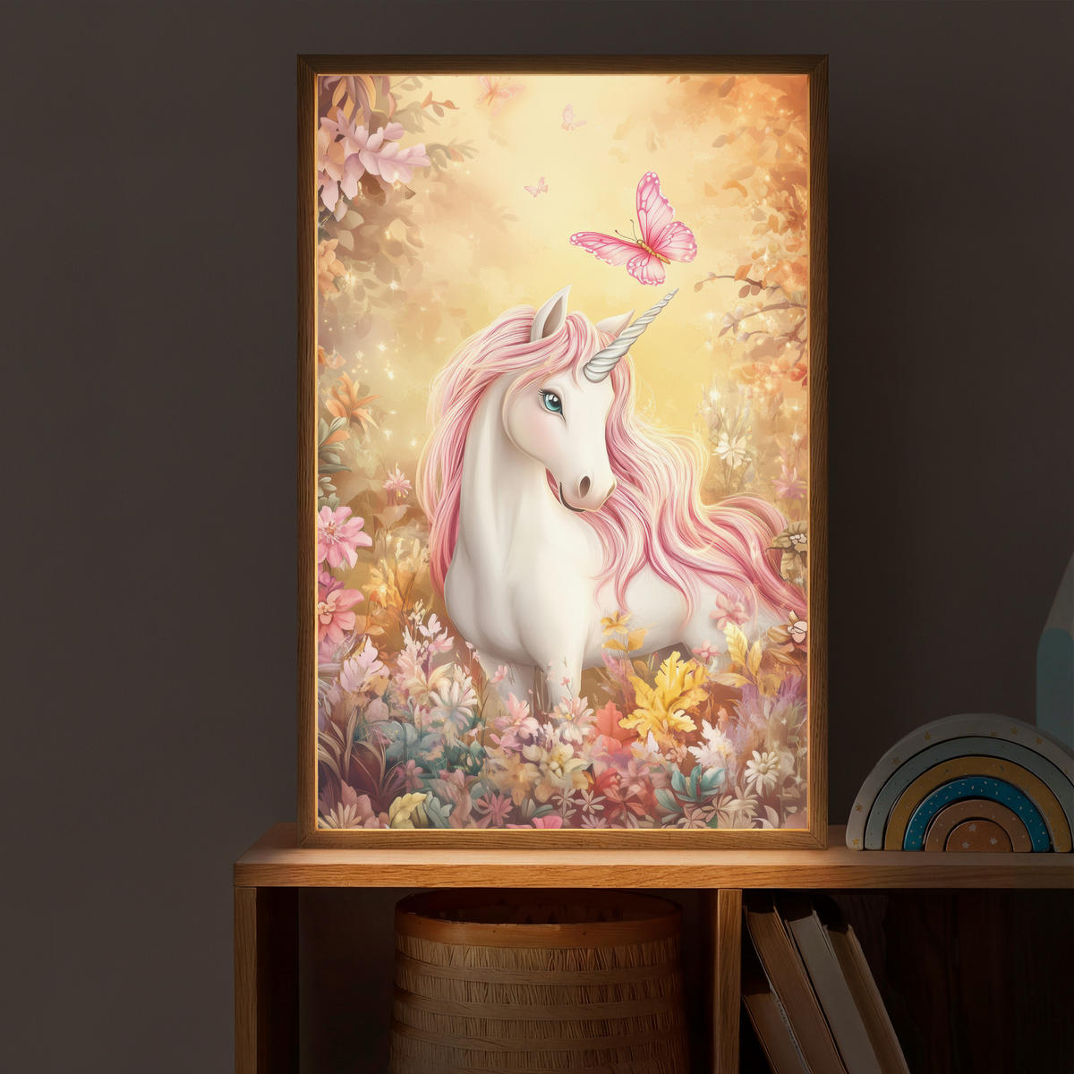 DOBÍJECÍ NOČNÍ LAMPIČKA Jednorožec - Květiny - Motýl - Růžová 40x60 cm - béžová, kompozitní dřevo (8/40/60cm) - OnlyWow