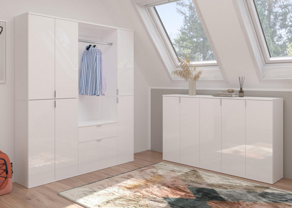 GARDEROBENSCHRANK weiß Hochglanz 152 cm, bis 18 Fächer, Flurgarderobe - Chromfarben/Weiß Hochglanz, Holzwerkstoff/Metall (152/193/34cm) - Inn.Furn