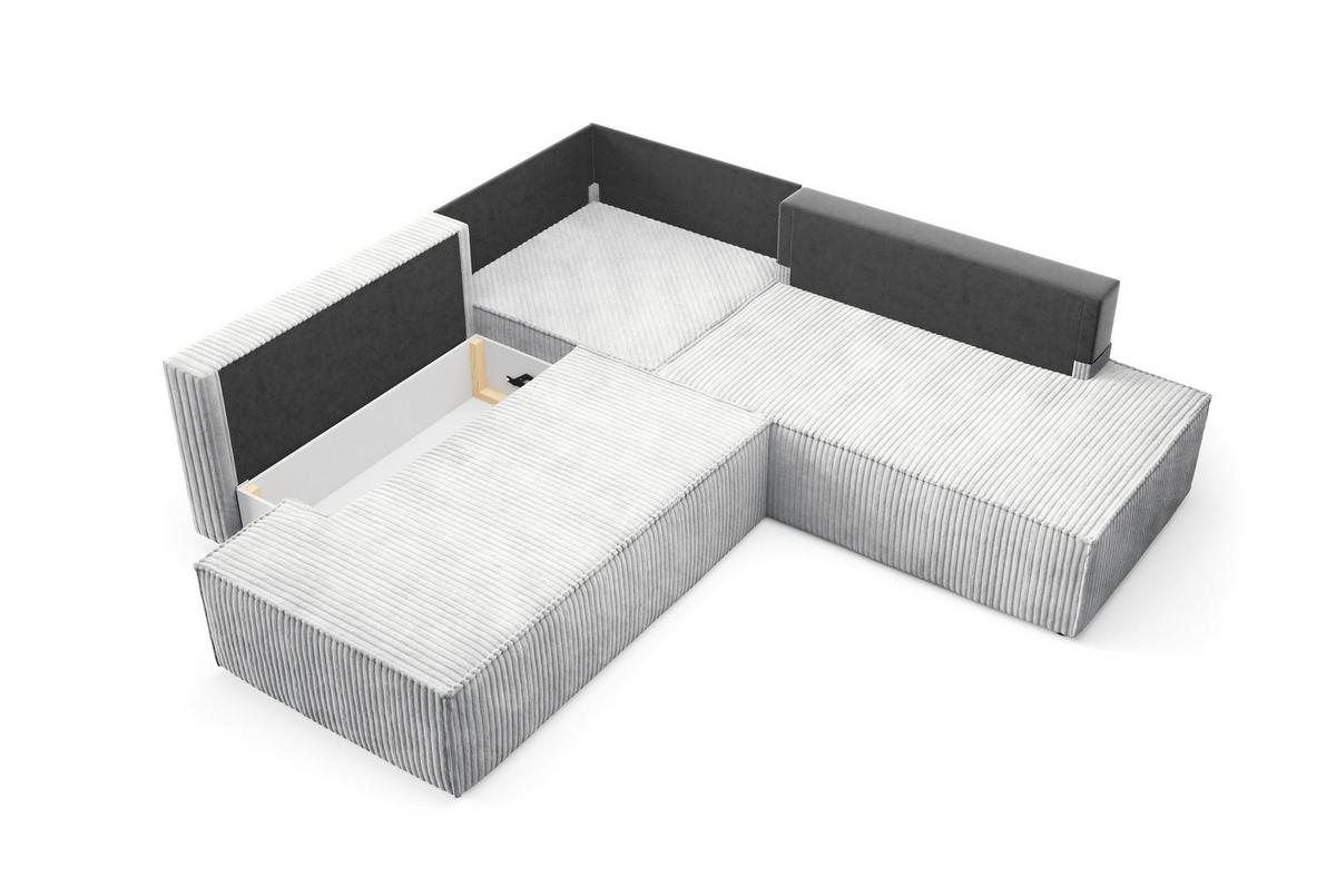 ECKSOFA TESSO II R-S Grau Kordstoff mit Schlaffunktion - Grau, Holz (254/254cm) - MASSENO