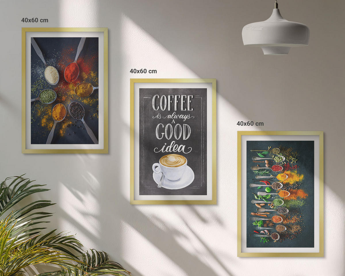 WANDBILDER 3er Set - 40x60 cm Goldrahmen - Gewürze, Kaffee, Kräuter, Muster - Goldfarben, Kunststoff (40/60cm) - ArtPrintCave