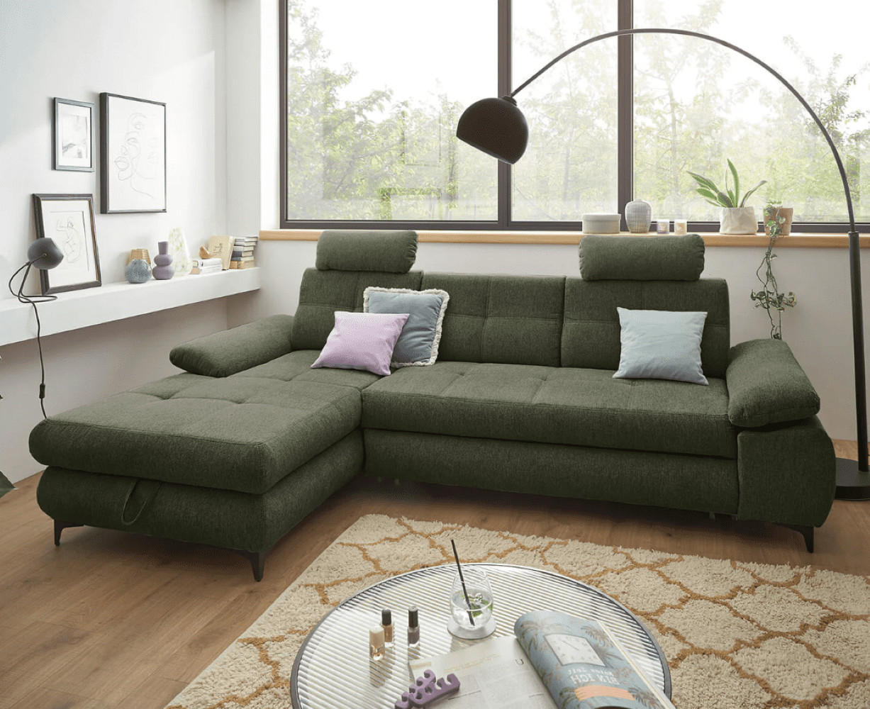 ECKSOFA mit Schlaffunktion und Bettkasten - Schwarz/Grün, Kunststoff/Textil (274/177cm) - ed exciting design