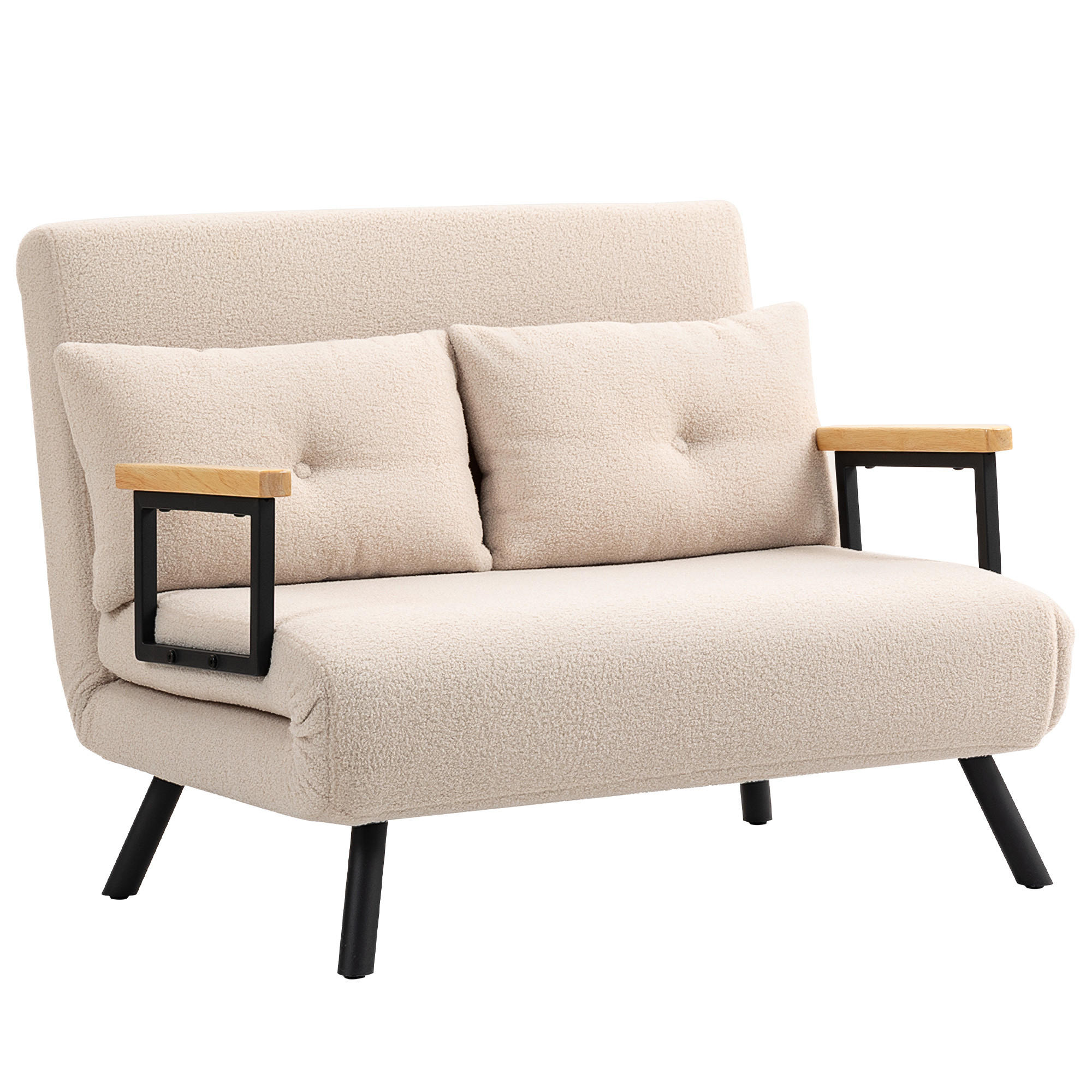 SCHLAFSOFA, Zweisitzer mit Bettfunktion, Schlafcouch mit Samtoptik, Rückenkissen - Beige/Schwarz, Holz/Textil (73/81/102cm) - HOMCOM