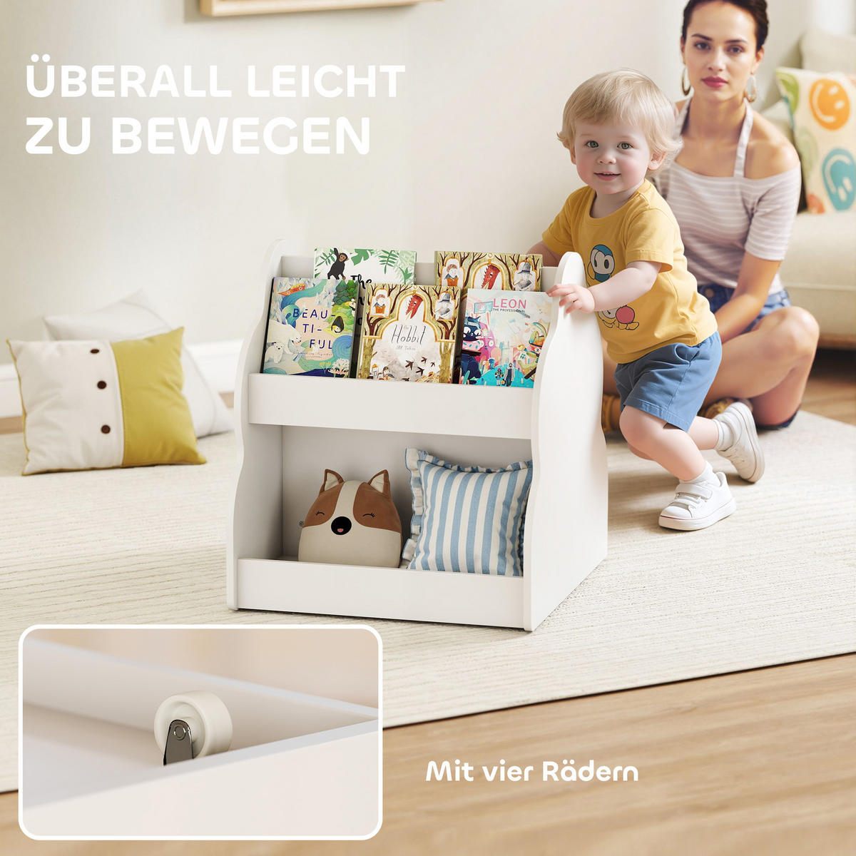 KINDER-BÜCHERREGAL mit Rädern 4 Regalen - Weiß, Holzwerkstoff (54/56/50cm) - AIYAPLAY
