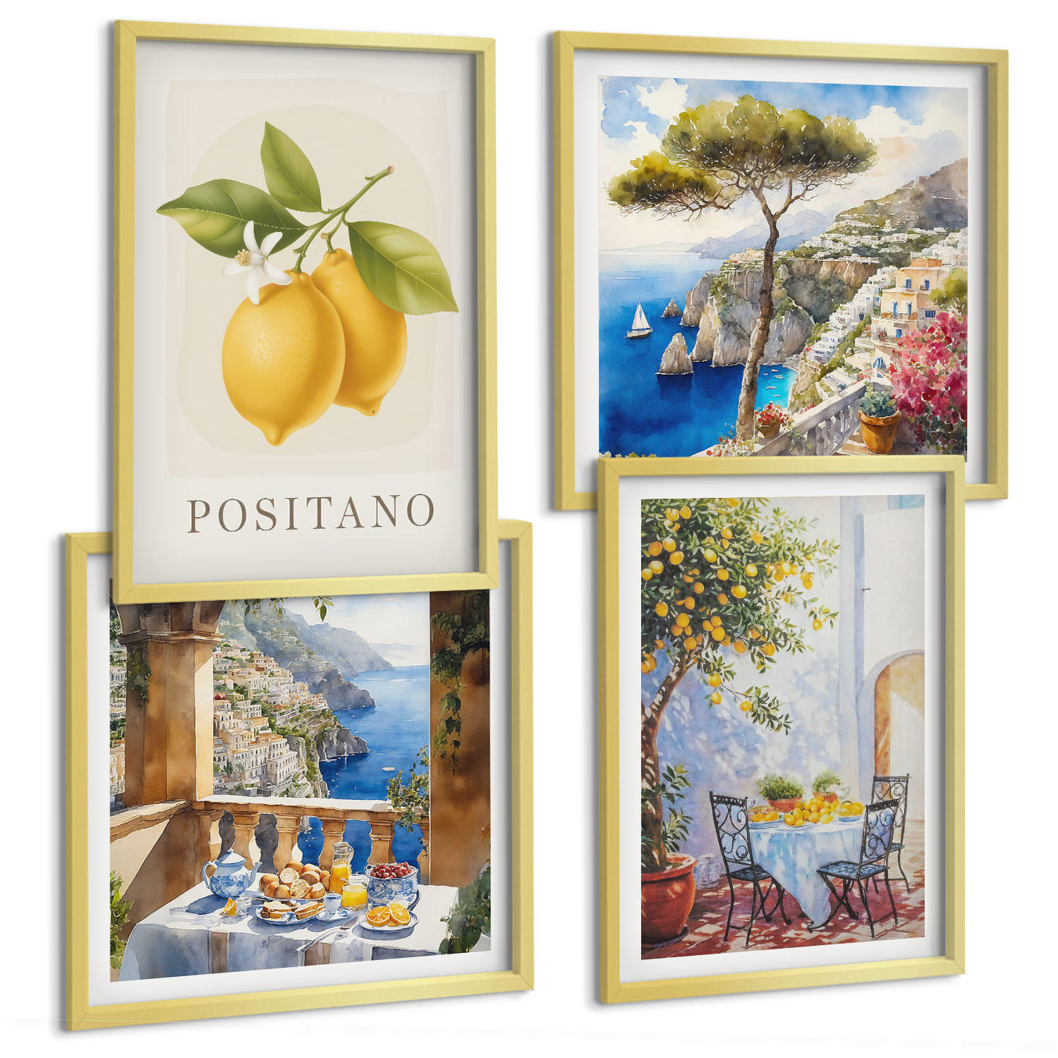 BILDER SET 4er Set - 50x50 cm & 40x60 cm Goldrahmen - Ansichten der Zitronenarchitektur von Positano - Goldfarben, Kunststoff (50/50cm) - TULUP