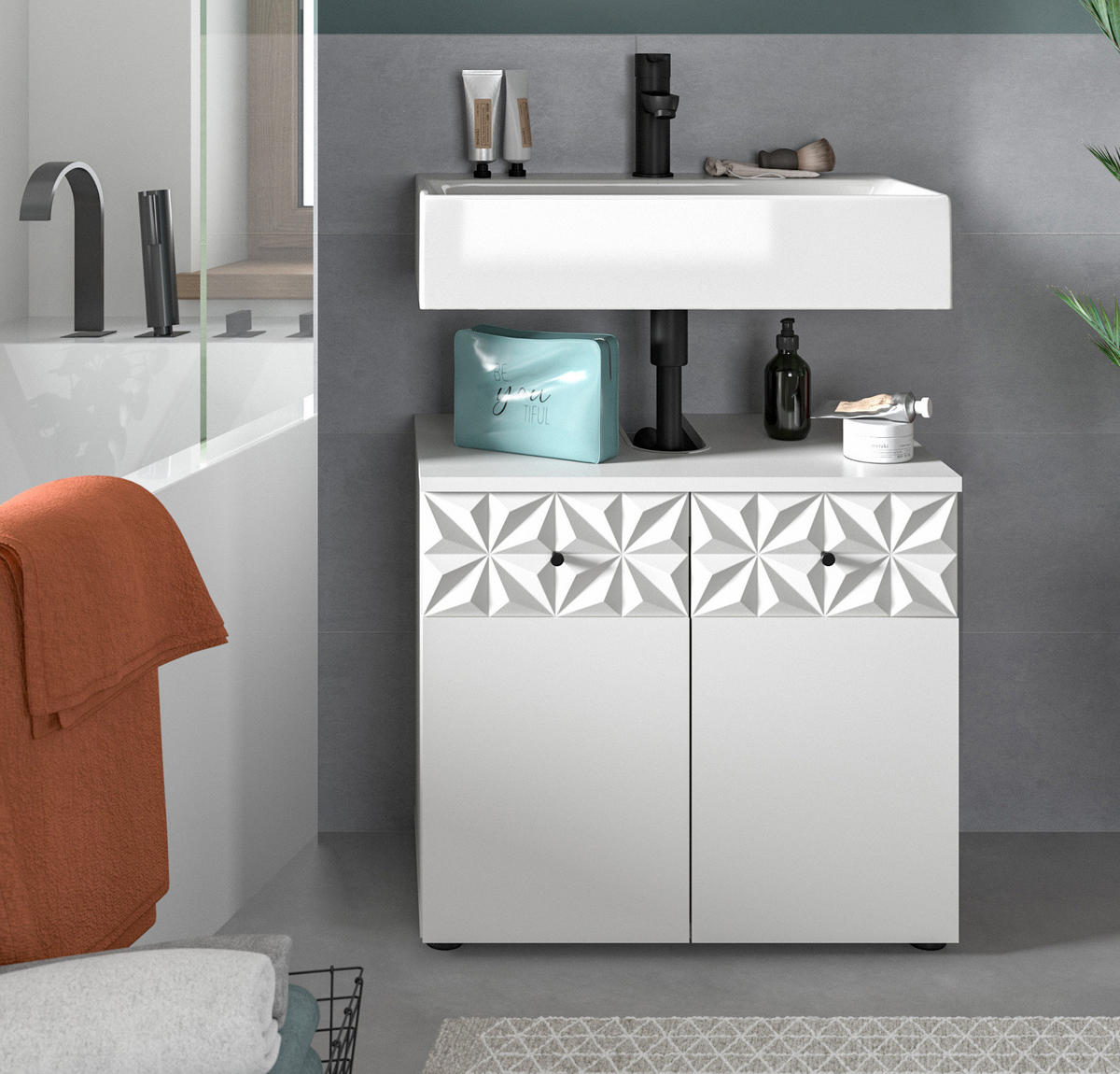 WASCHBECKENUNTERSCHRANK weiß Hochglanz 60 cm, Badschrank mit 3D-Struktur - Weiß Hochglanz/Schwarz, Holzwerkstoff/Kunststoff (60/54/34cm) - Inn.Furn