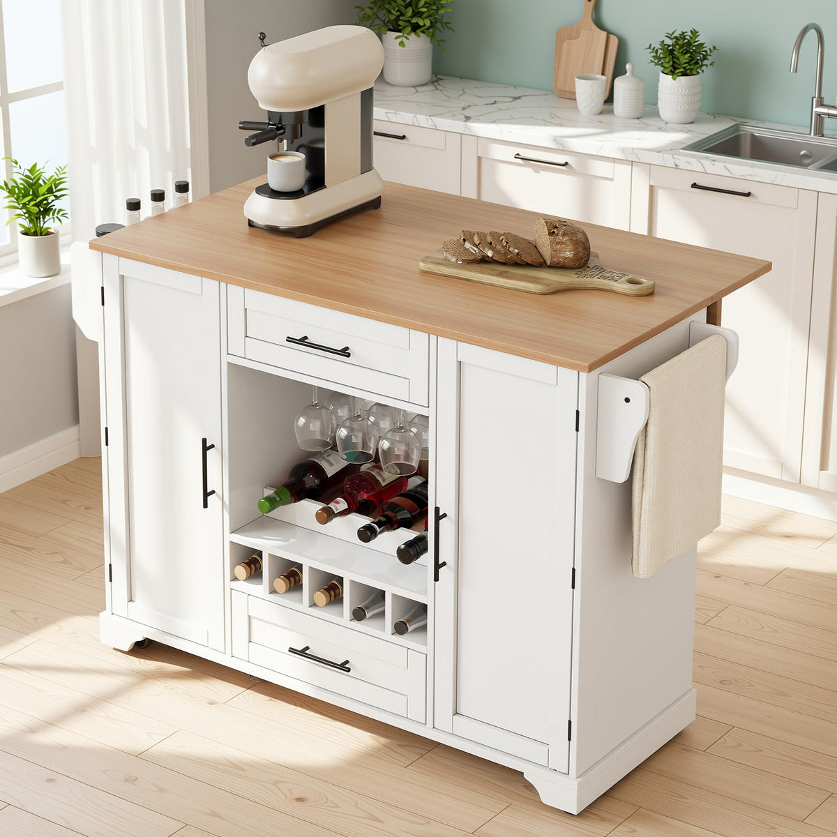 KÜCHENINSEL Mobile & Servierwagen in Weiß/Natur - Weiß, Holzwerkstoff (138/92/70cm) - Urban Meuble