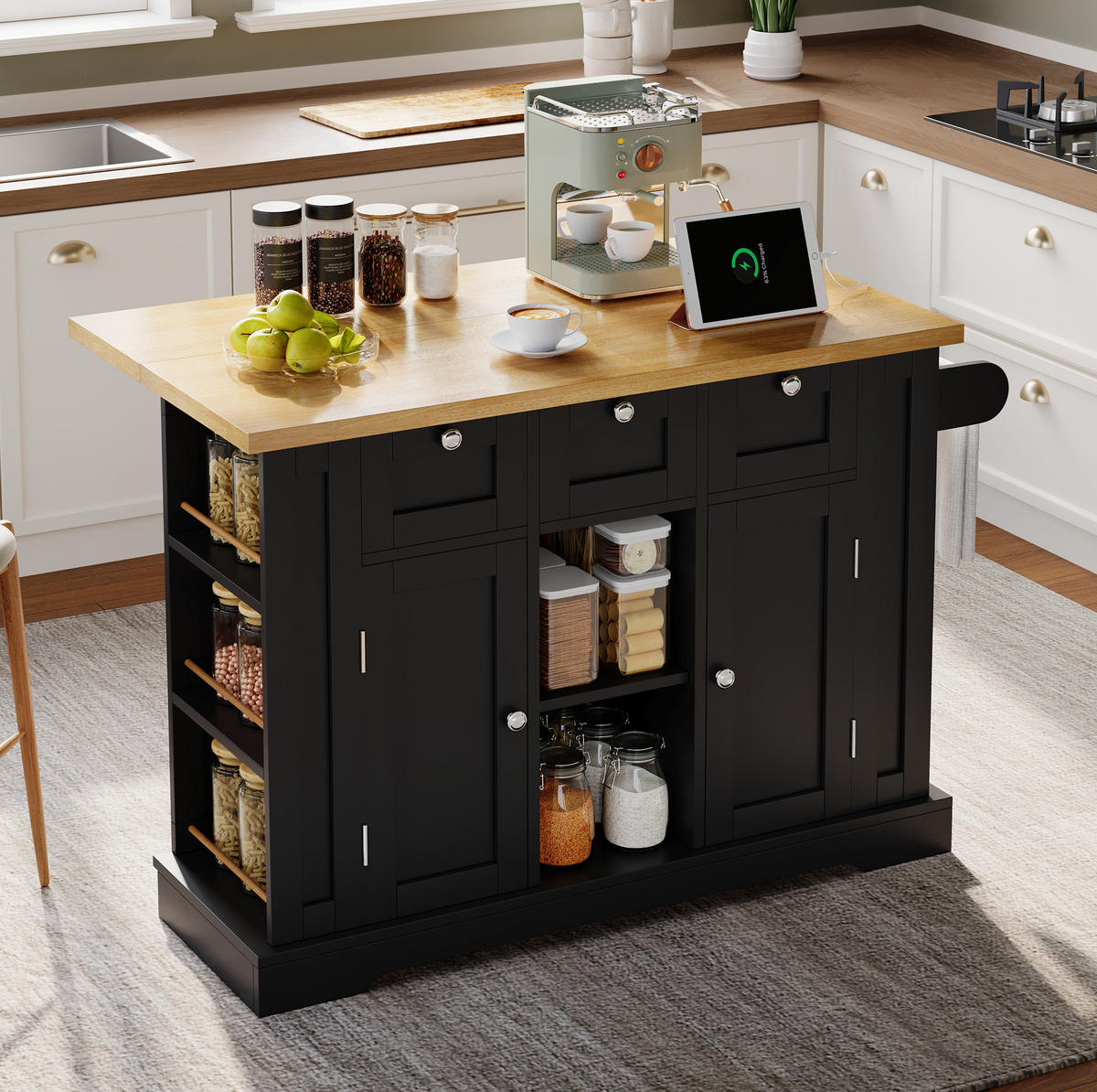 KÜCHENINSEL 132/40(70)/87 cm mit ausziehbarer Arbeitsplatte, Stauraum, Steckdose, USB und Rollen aus MDF, Natur/Schwarz - Schwarz, Holzwerkstoff (132/87/70cm) - Redom