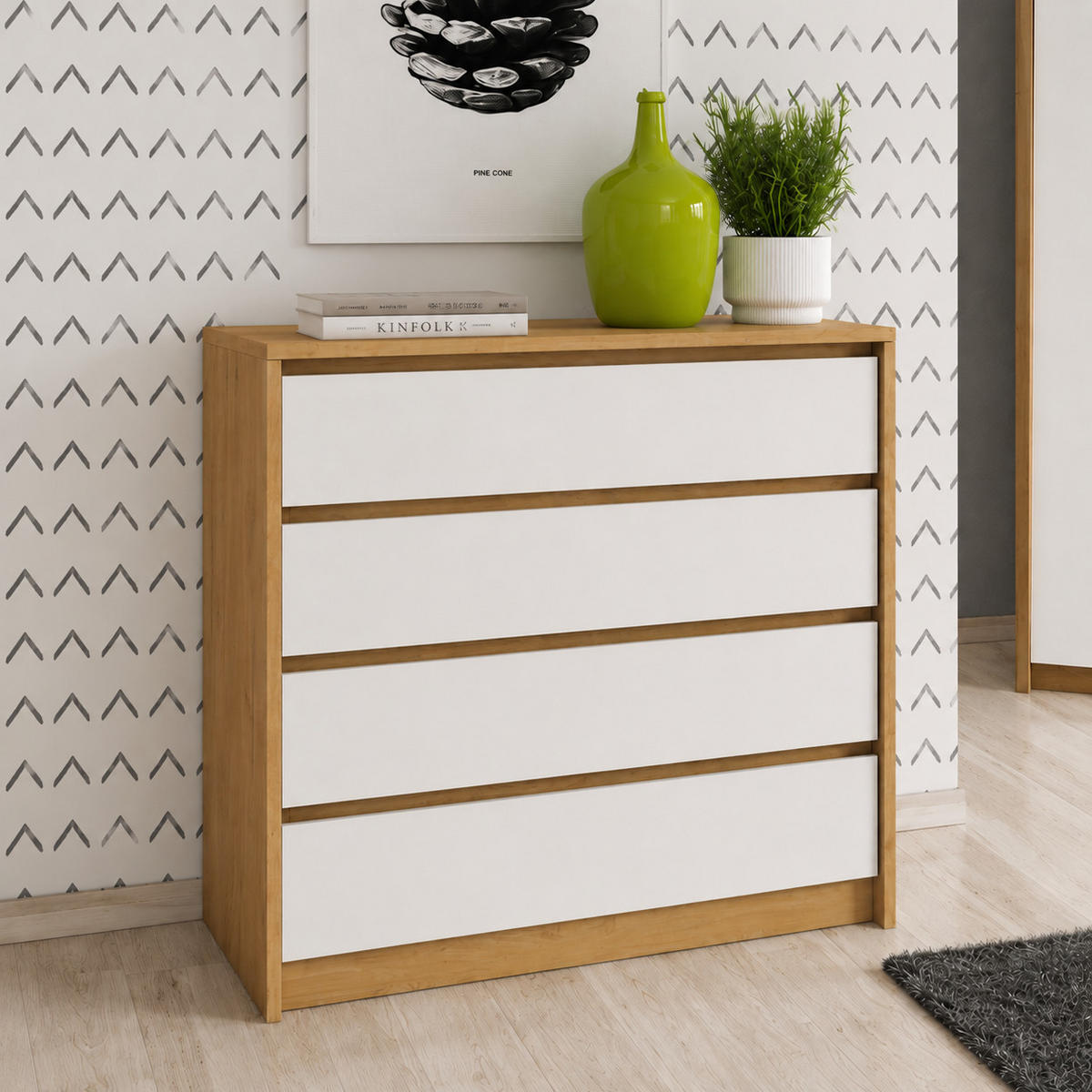 KOMMODE CORSA F 93 cm Eiche Craft Gold / Weiß - mit 4 Schubladen - Eichefarben/Weiß, Holz/Holzwerkstoff (93/90/40cm) - Ravio